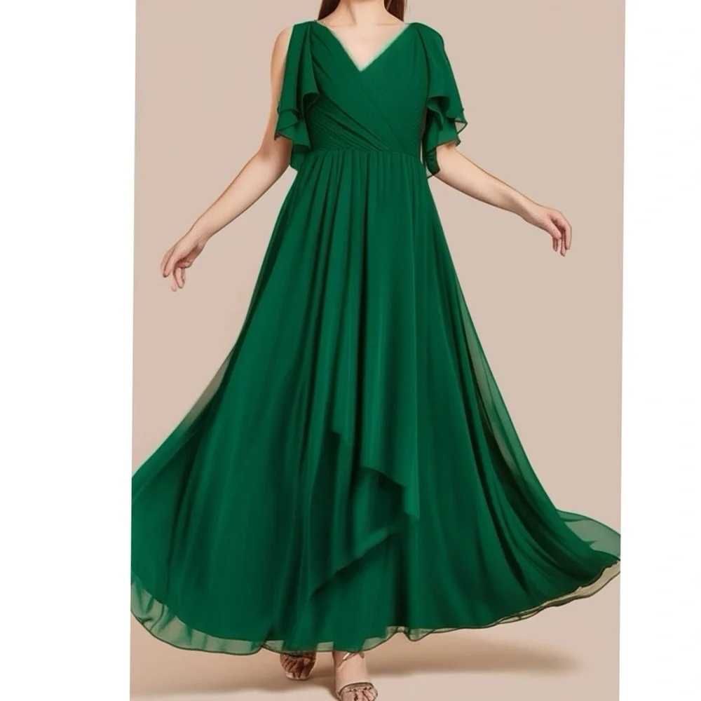 JJs HOUSE Green Goddess Chiffon Gown Split Ruffle Sleeve Dress V Neck Women Sz 6 - Picture 2 of 16